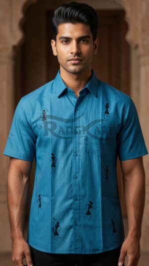 NEELKAAR Hand Painted Tribal Art Khadi Half Shirt