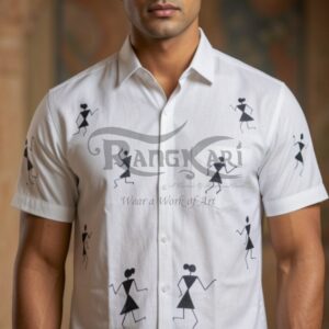 SHVETKAAR Hand-Painted Tribal Art Khadi Shirt