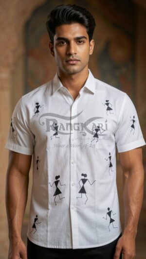 SHVETKAAR Hand-Painted Tribal Art Khadi Shirt