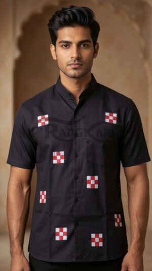 PASAPKAAR Hand Painted Khadi Half Shirt - Pasapali Sambalpuri Design