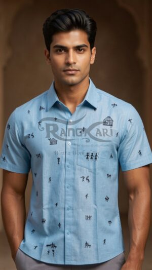 GAONKAAR Hand Painted Tribal Art Khadi Half Shirt - Village Design