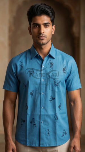 NEELREKHA Hand Painted Tribal Art Khadi Half Shirt