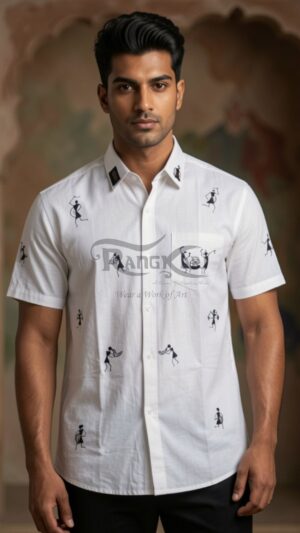 VADYAKAAR Hand Painted Tribal Music Design Khadi Shirt