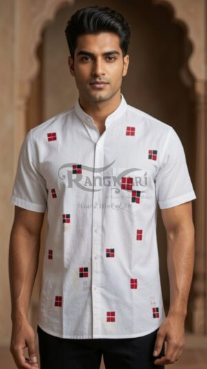 SHVET PASAPKAAR Hand Painted Pasapali Sambalpuri Design Khadi Shirt