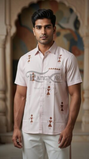 MRIDULKAAR Hand Painted Tribal Art Khadi Half Shirt