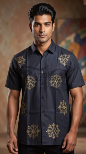 BLACK ARKACHAKRA Hand Painted Khadi Half Shirt - Konark chakra Design