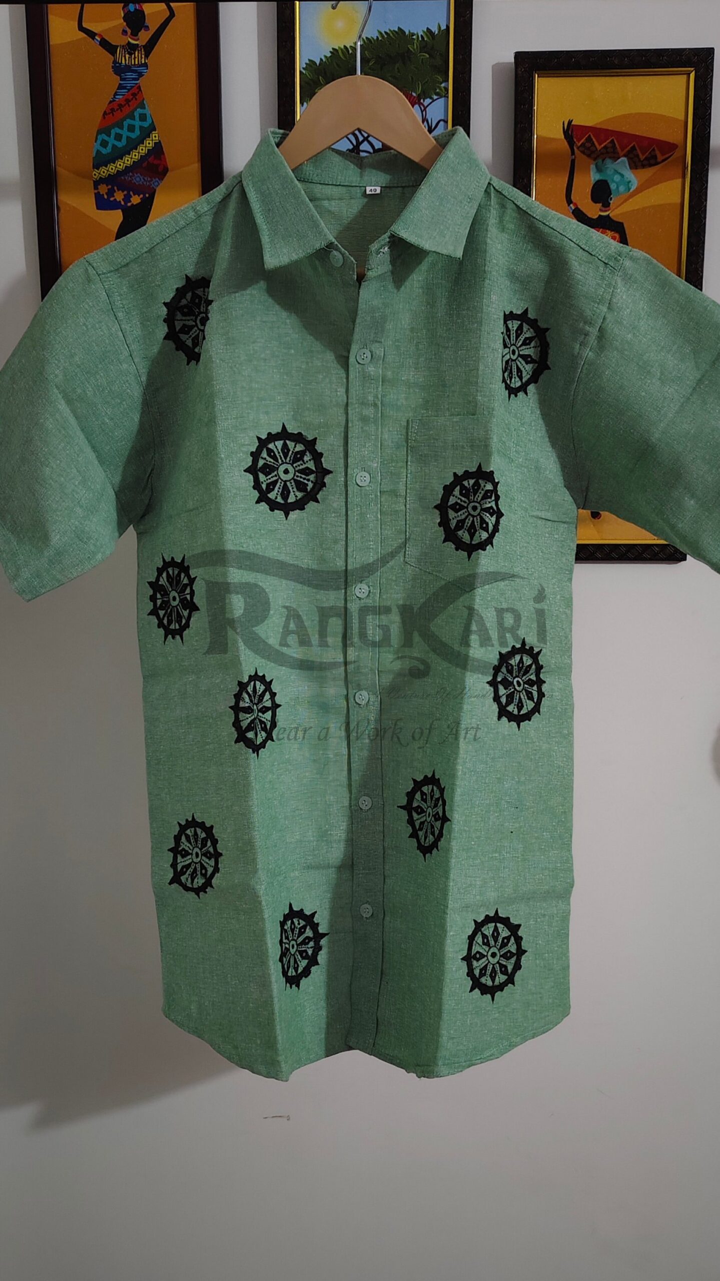 GREEN ARKACHAKRA Hand Painted Khadi Half Shirt - Konark chakra Design - Image 2