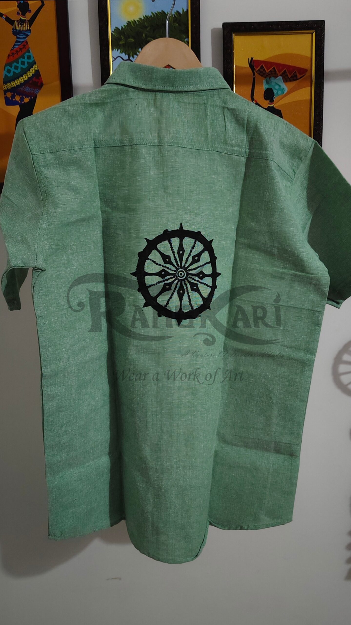 GREEN ARKACHAKRA Hand Painted Khadi Half Shirt - Konark chakra Design - Image 3