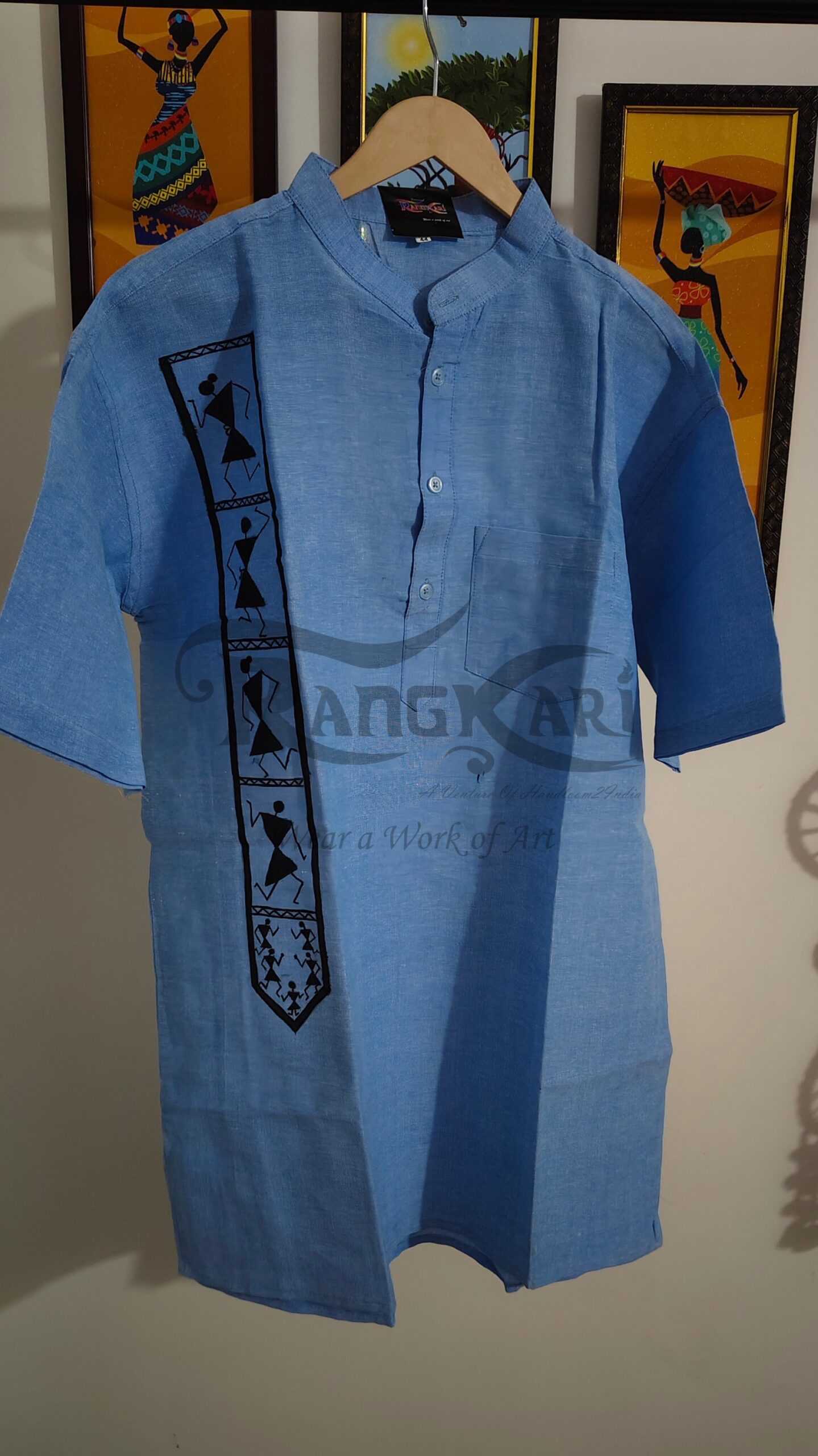 NEEL ADIVKAAR Hand Painted Tribal Design Khadi Half Kurta - Image 2
