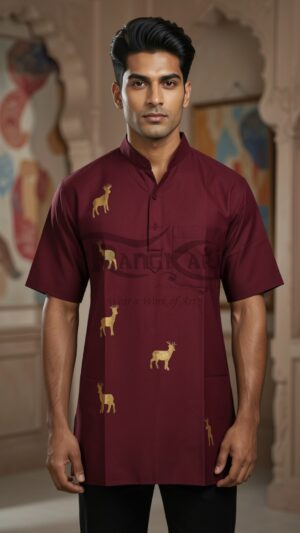 MRIGAAKAAR Hand Painted Deer Design Khadi Half Kurta