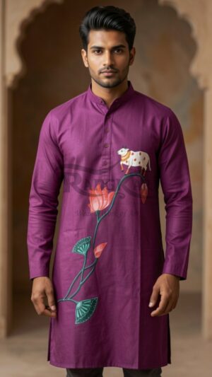 PICHIKAAM Hand Painted Magenta Kurta - Pichwai Cow & Lotus Design