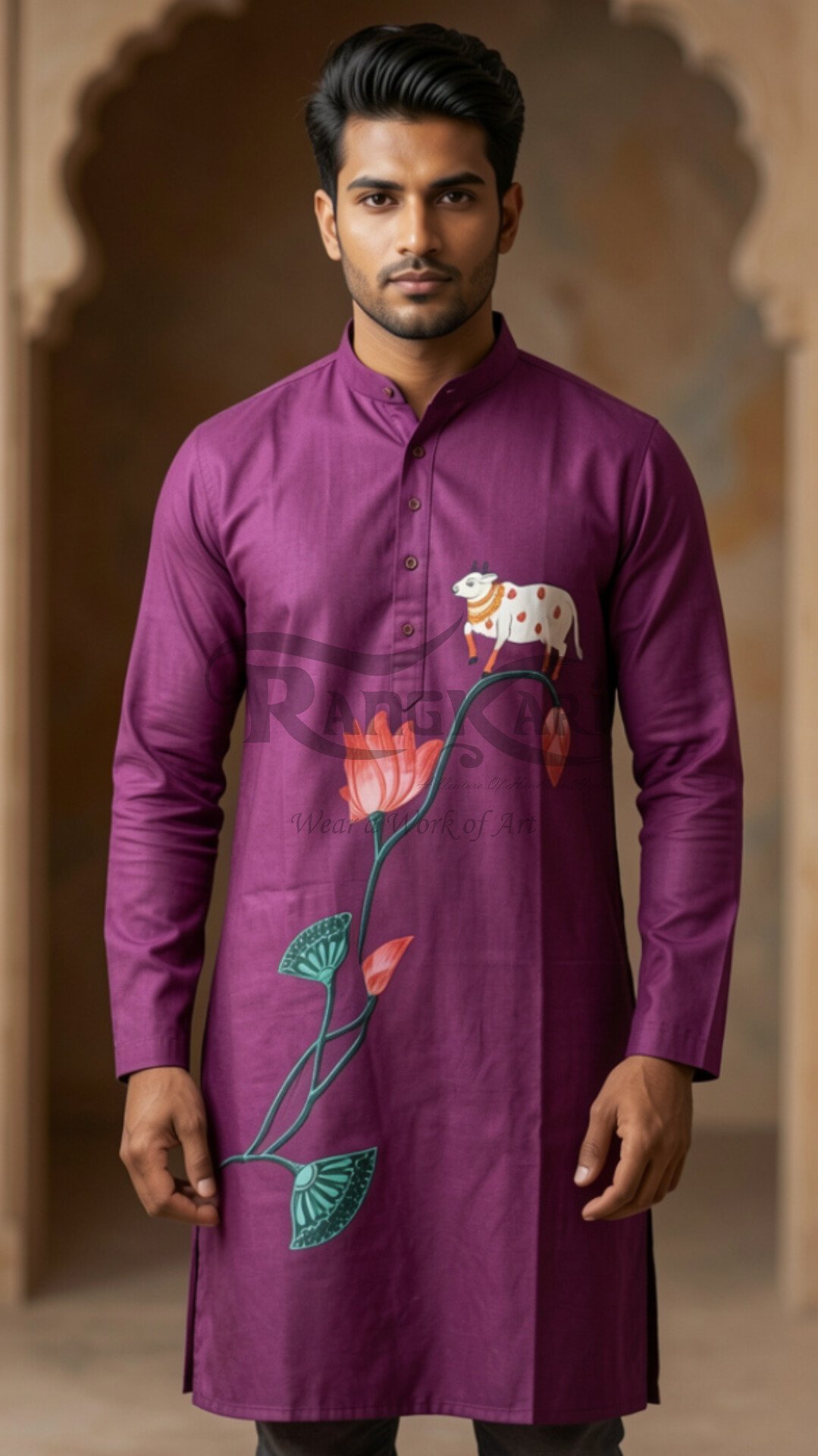 PICHIKAAM Hand Painted Magenta Kurta - Pichwai Cow & Lotus Design