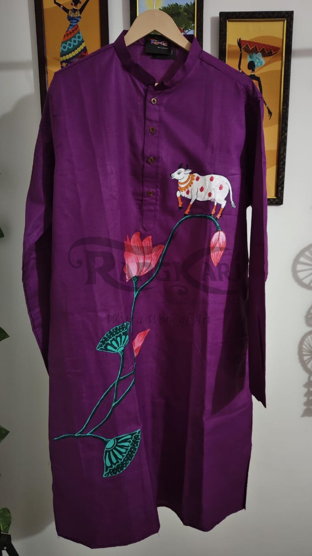 PICHIKAAM Hand Painted Magenta Kurta - Pichwai Cow & Lotus Design - Image 2