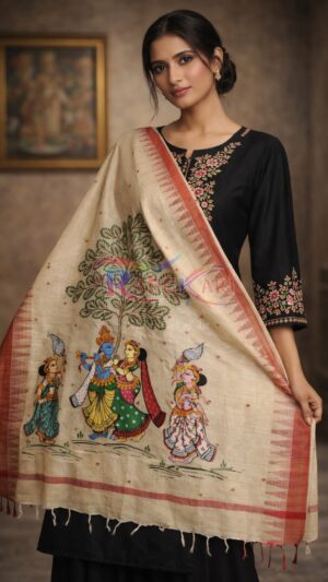 RAASVATIKA Hand Painted Khadi Cotton Dupatta - Krishna Leela Design