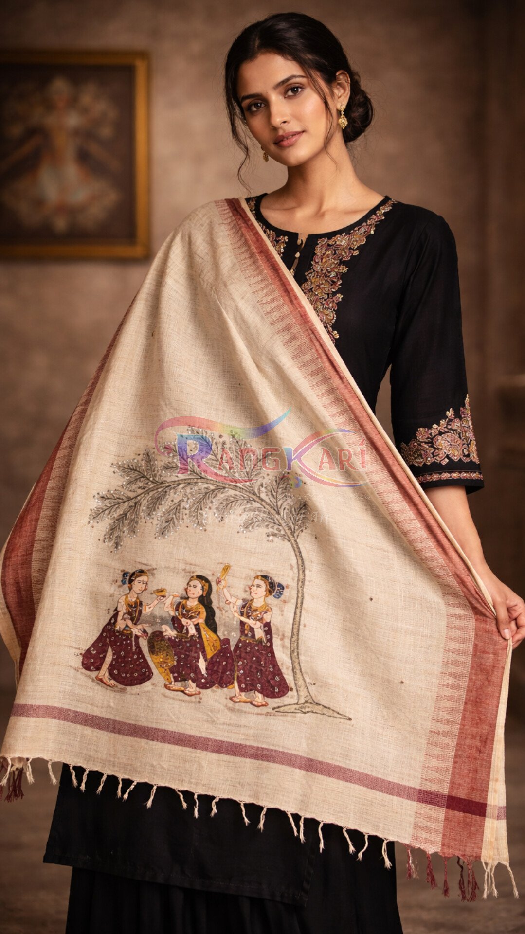 SHRINGAARIKA Hand Painted Khadi Cotton Dupatta - Gopiyan Sringar Design