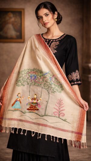 DOLINA Hand Painted Khadi Cotton Dupatta - Gopiyan Doli Design