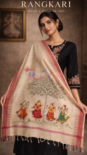 NARTIKA Hand Painted Khadi Cotton Dupatta - 4 Nartaki Dancing Design