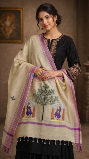 RANGNARTIKA Hand Painted Khadi Cotton Dupatta - Gopiyan Dancing under Stage Design