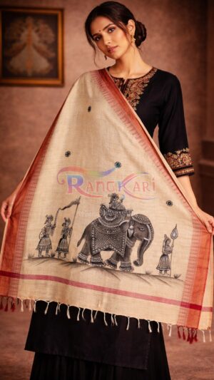 GAJRAAJ Hand Painted Khadi Cotton Dupatta - Elephant King Soldier Design