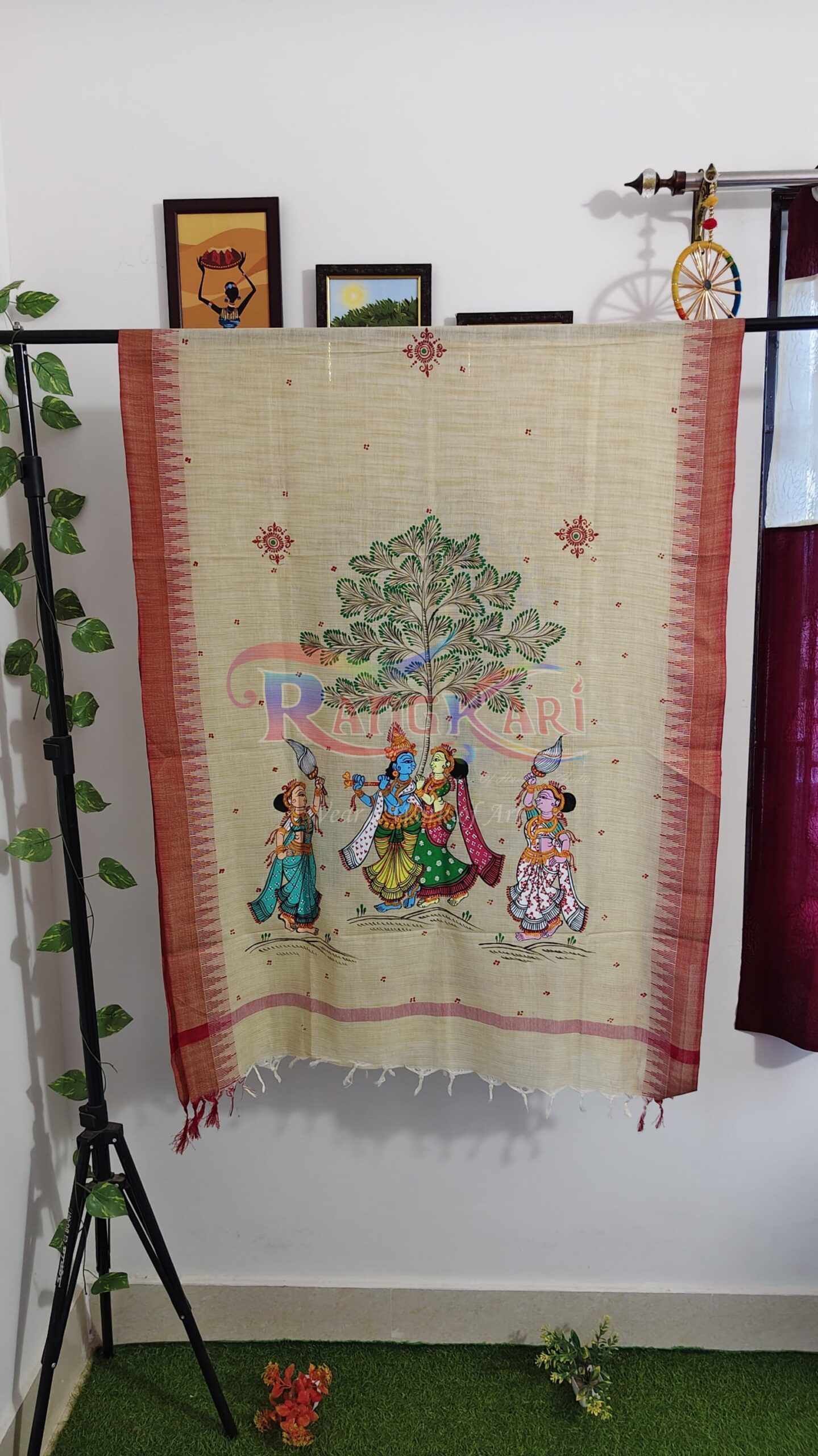 RAASVATIKA Hand Painted Khadi Cotton Dupatta - Krishna Leela Design - Image 2