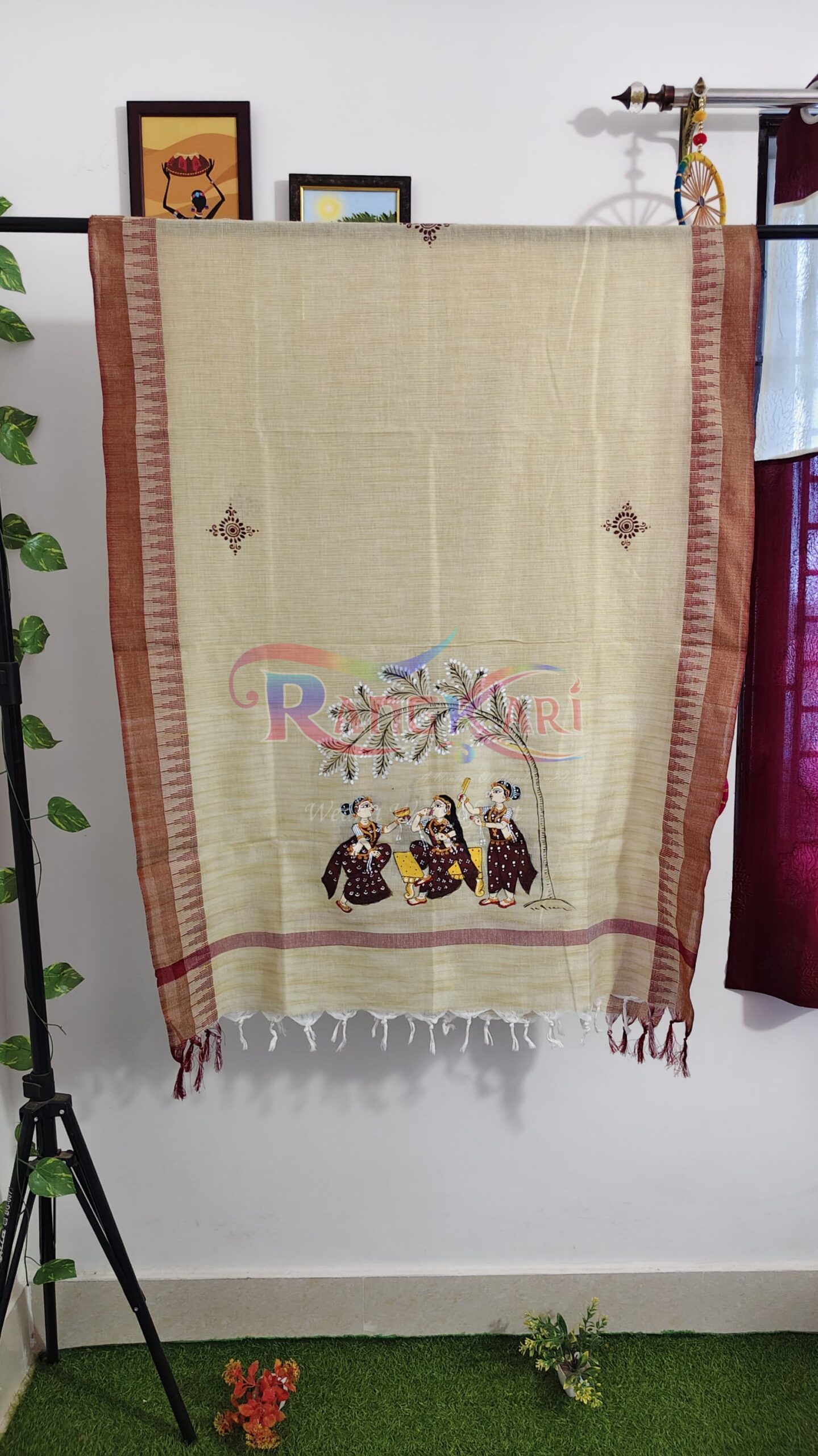 SHRINGAARIKA Hand Painted Khadi Cotton Dupatta - Gopiyan Sringar Design - Image 2