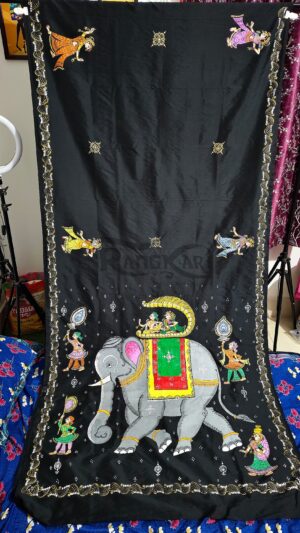 gaja leela hand painted soft silk saree – black traditional art saree