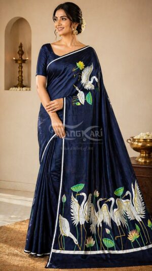 hamsaleela hand painted silk saree crane design