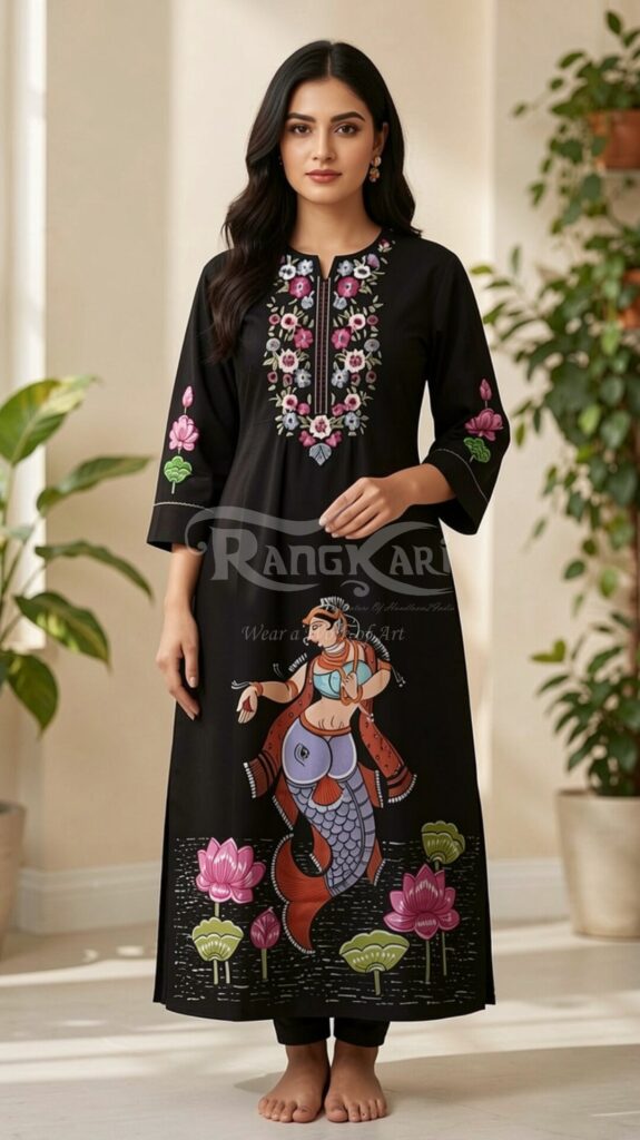 kalambari hand painted patachitra silk kurti mermaid design