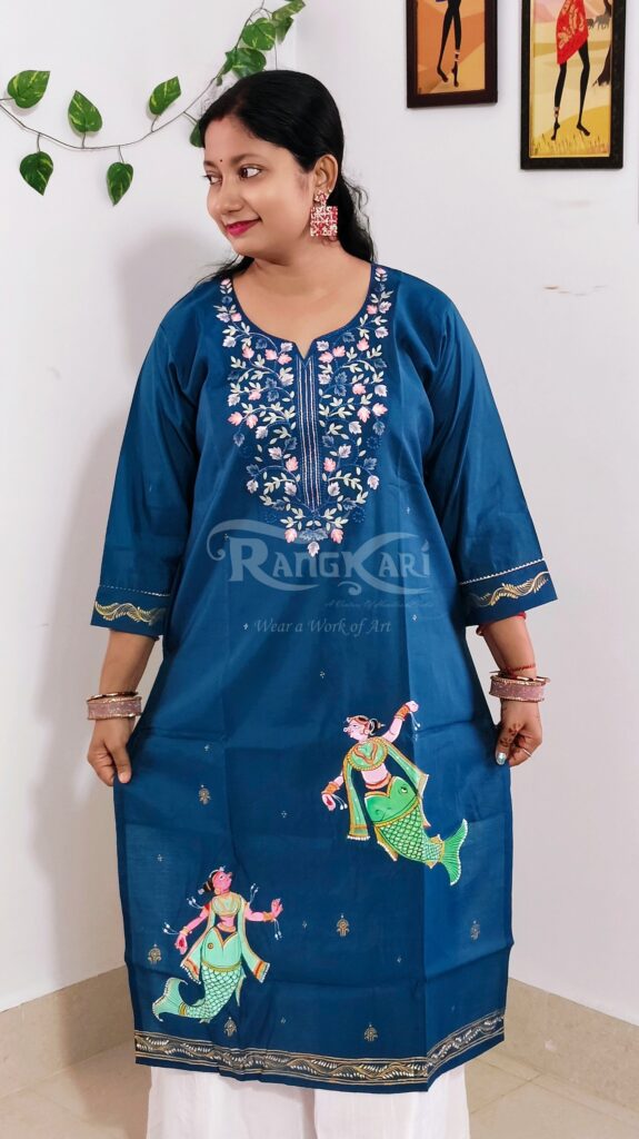 nritya neel hand painted patachitra silk kurti nartaki theme copy