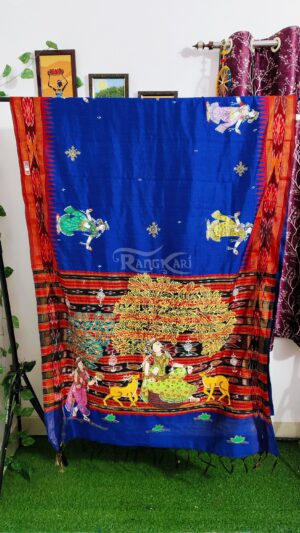mrig leela handpainted pattachitra raw silk saree