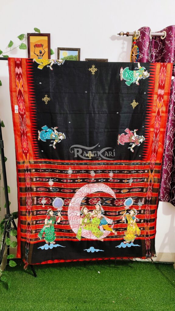 chandra leela handpainted pattachitra raw silk saree