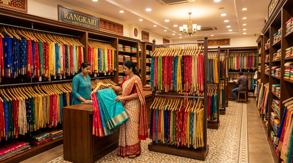 Two women examining colorful sarees in a textile shop with wooden shelves and racks